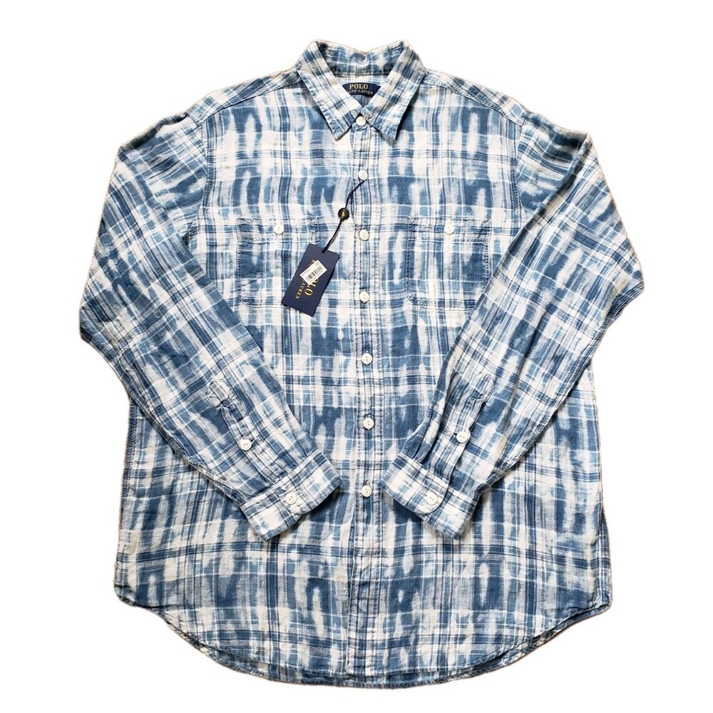 NWT Polo Ralph Lauren Indigo Dyed 100% Linen Sz Large Mens Button Up Long Sleeve